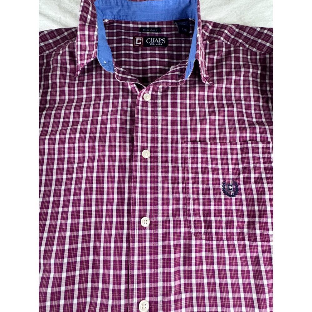 Chaps Button Down Shirt Mens L Burgundy Check Excellent Easy Care Long Sleeve